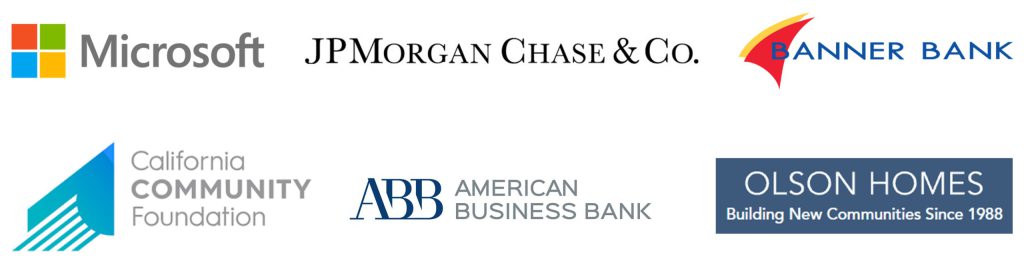 Logos of our funding partners: Microsoft, JPMorgan Chase, Banner Bank, California Community Foundation, American Business Bank, Olson Homes