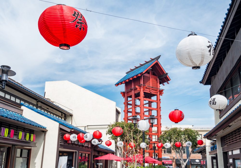 Traditional style fire tower and paper lanterns at the Japanese Village Plaza in little Tokyo, downtown Los Angeles, California, USA on a sunny day.